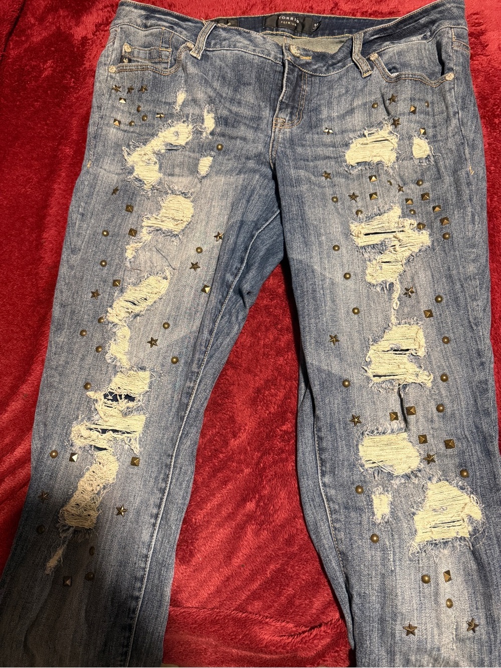 torrid Light Blue Distressed Bootcut Jeans with Gold Studs